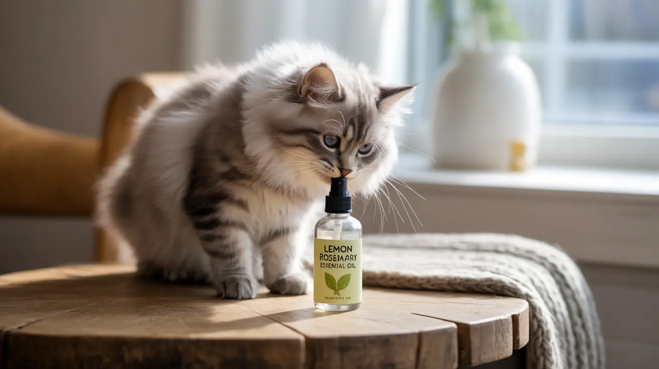 A fluffy Siberian cat sniffing a bottle of lemon rosemary essential oil on a wooden surface near a window