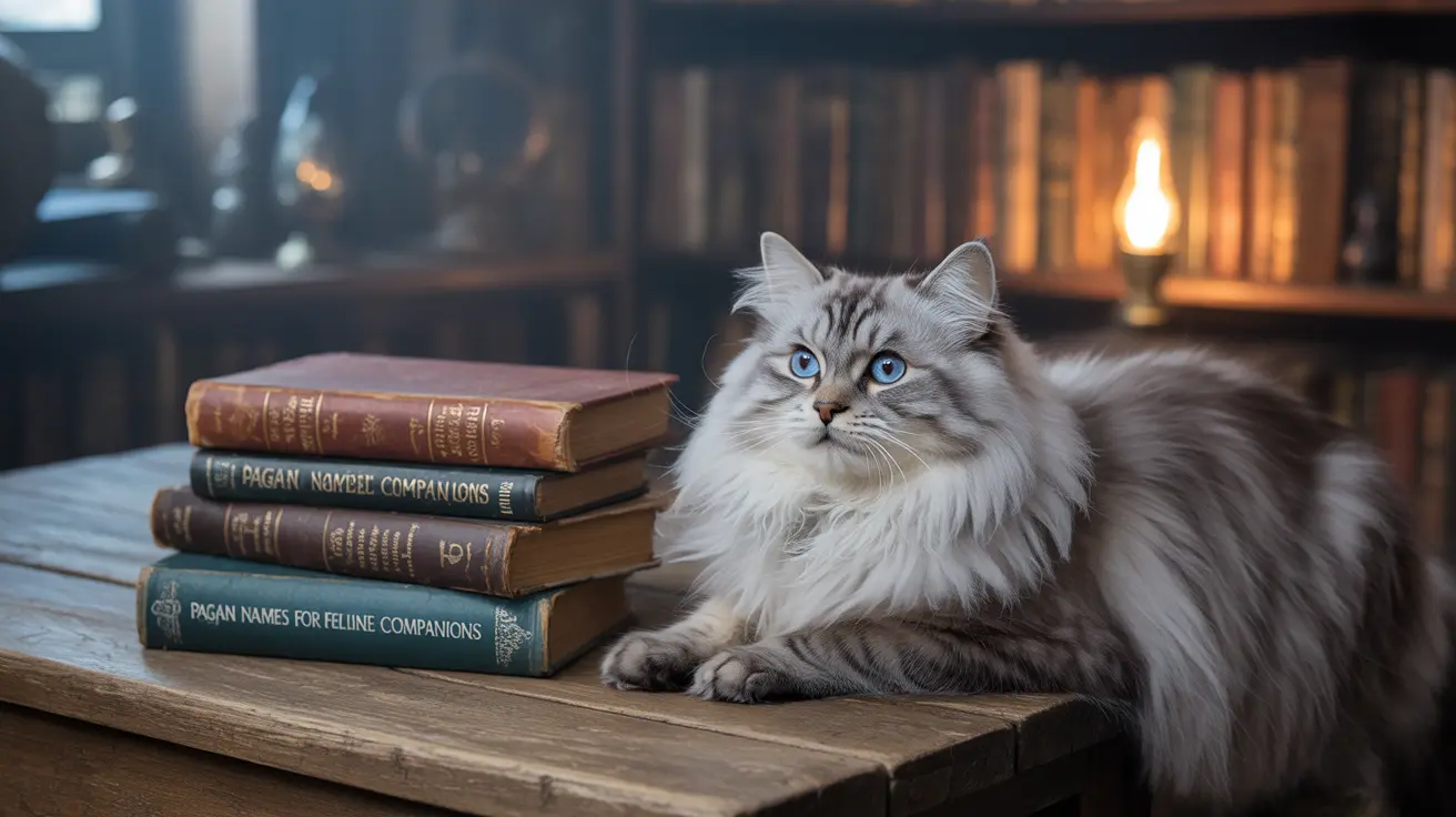 A fluffy white and grey Siberian cat sitting elegantly next to a stack of books in a cozy library setting