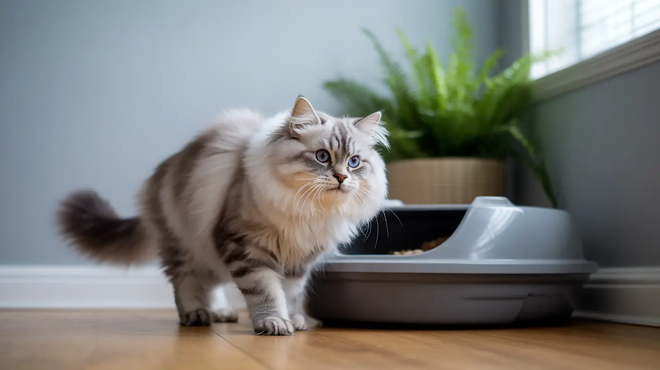 A fluffy white and gray Siberian cat standing next to a litter box in a minimalist setting