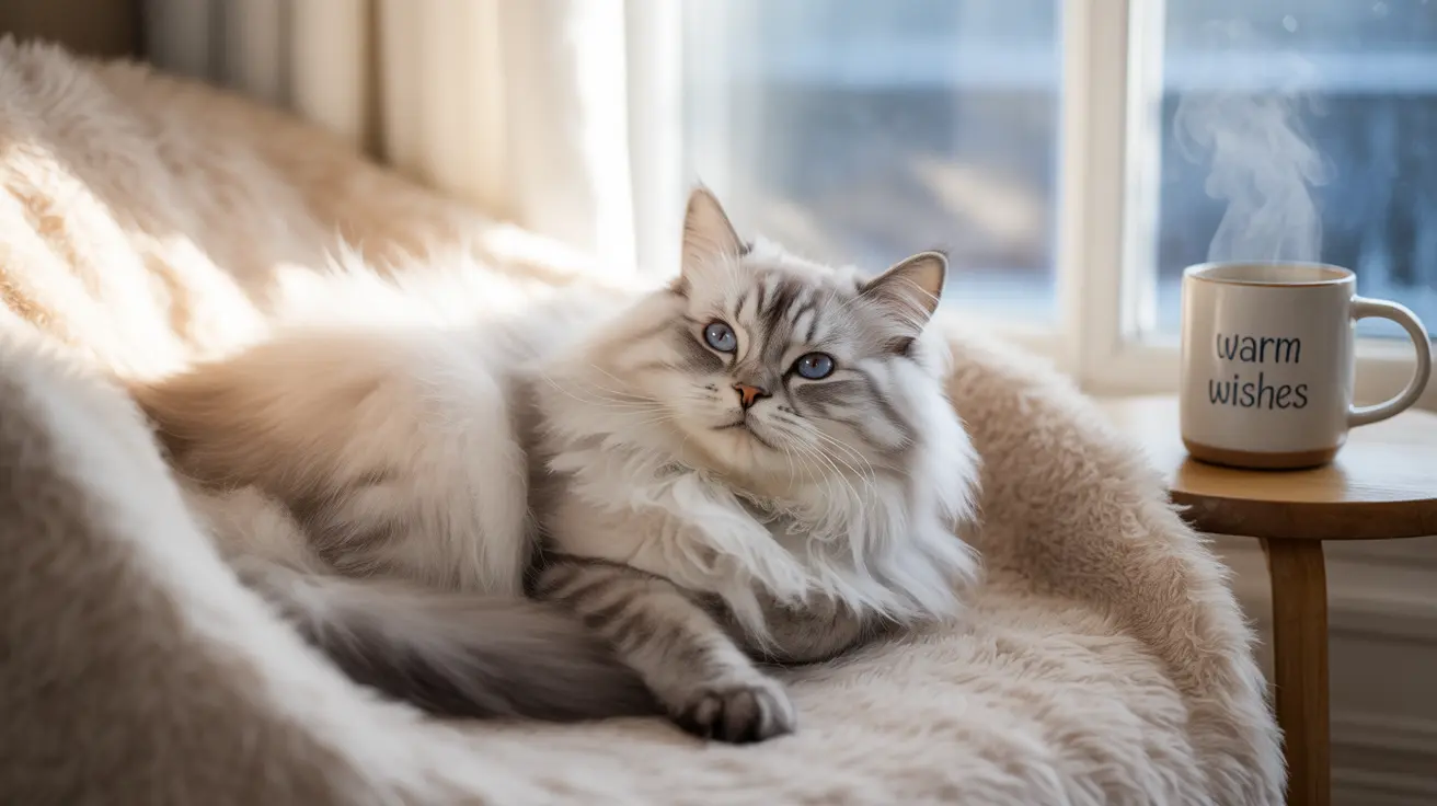 A fluffy white and gray Siberian cat lounging comfortably on a soft beige blanket near a window