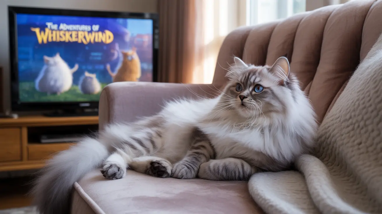 A fluffy white and gray Siberian cat lounging on a plush chair while watching the animated movie 'The Adventures of Whiskerwind'