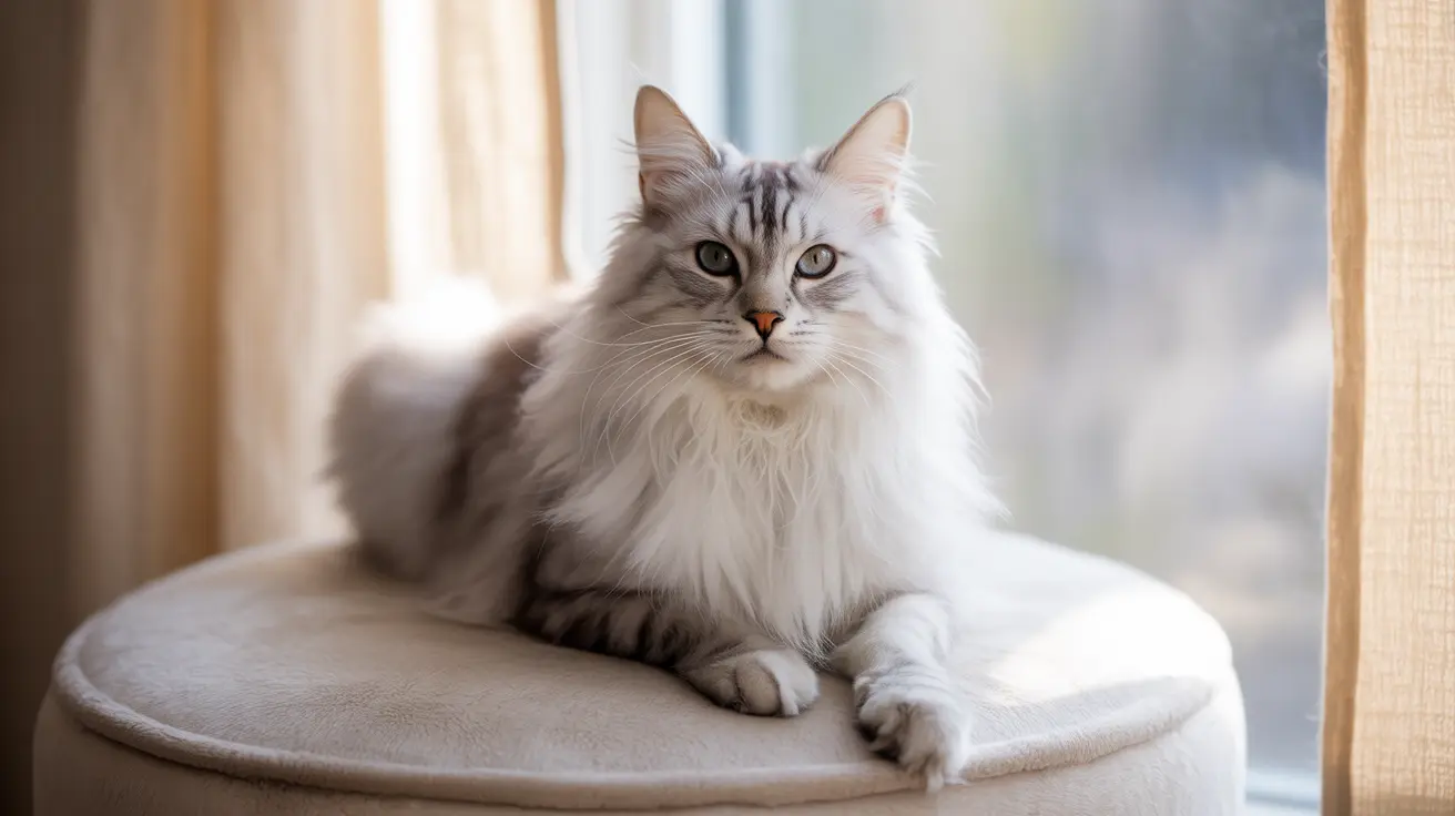A majestic long-haired Siberian cat sitting regally on a soft round cushion near a window