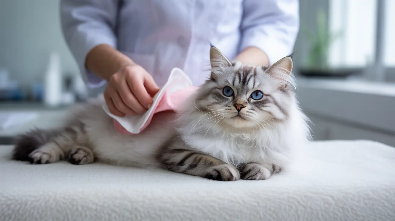 A fluffy white and gray Siberian cat being gently wiped with a pink cloth by a caretaker.