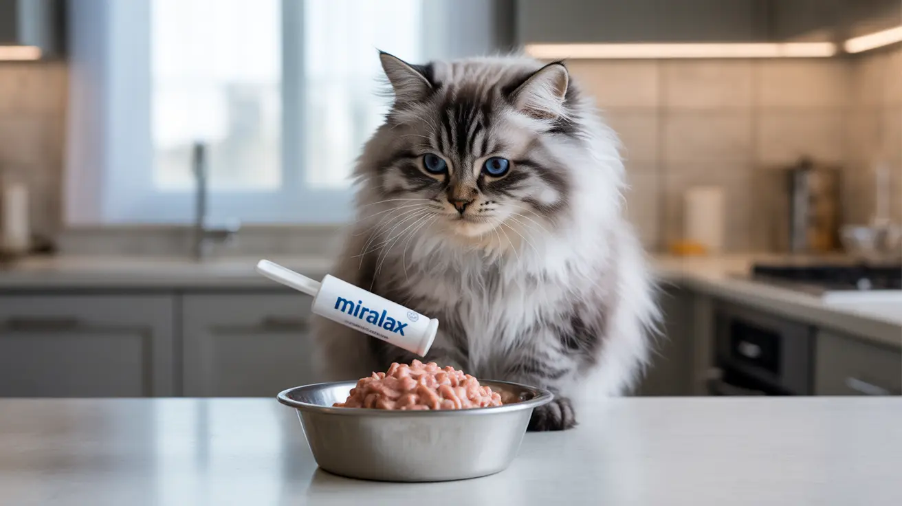 A fluffy Siberian cat sitting beside a metal food bowl with Miralax in a modern kitchen