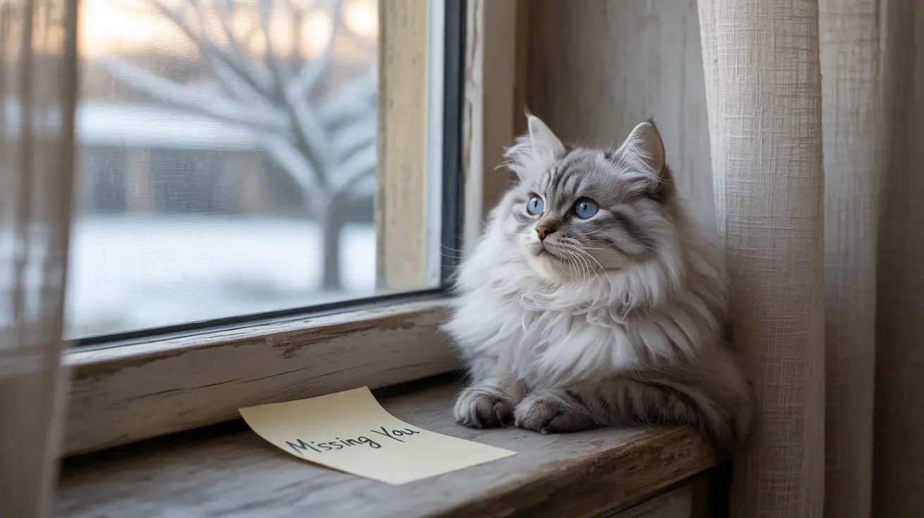 A fluffy white and gray Siberian cat sitting on a windowsill next to a missing note, gazing out the window on a winter day