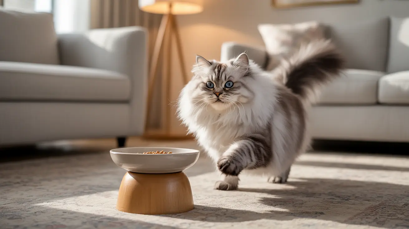 A fluffy white and gray Siberian cat standing near a modern wooden pet bowl in a bright minimalist living room