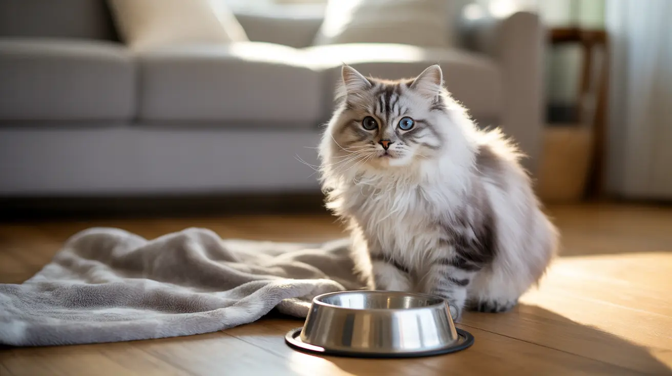 A fluffy white and gray Siberian cat sitting near its food bowl in a bright, sunlit living room