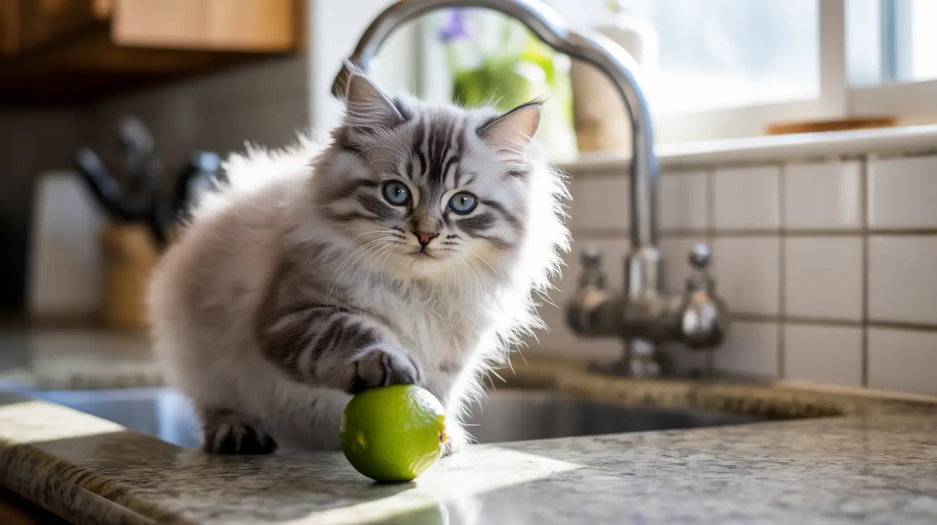 A fluffy Siberian cat sitting on a kitchen countertop next to a green lime