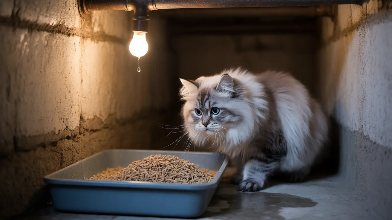 A fluffy Siberian cat sitting next to a litter box in dim light
