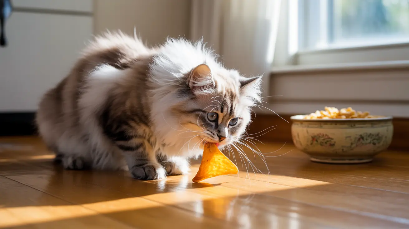 A fluffy Siberian cat nibbling on a triangular tortilla chip near a decorative bowl