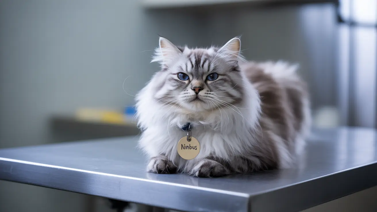 Un chat sibérien blanc et gris, au pelage fluffy, assis sur une surface métallique et portant une étiquette nominative indiquant 'Ninbus'.