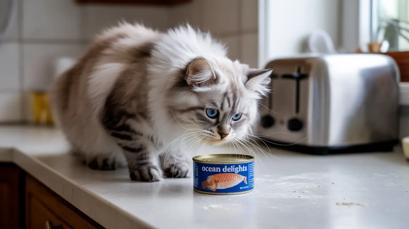 Um gato siberiano peludo analisando de perto uma lata de peixe chamada 'Ocean Delights' em cima de uma bancada de cozinha