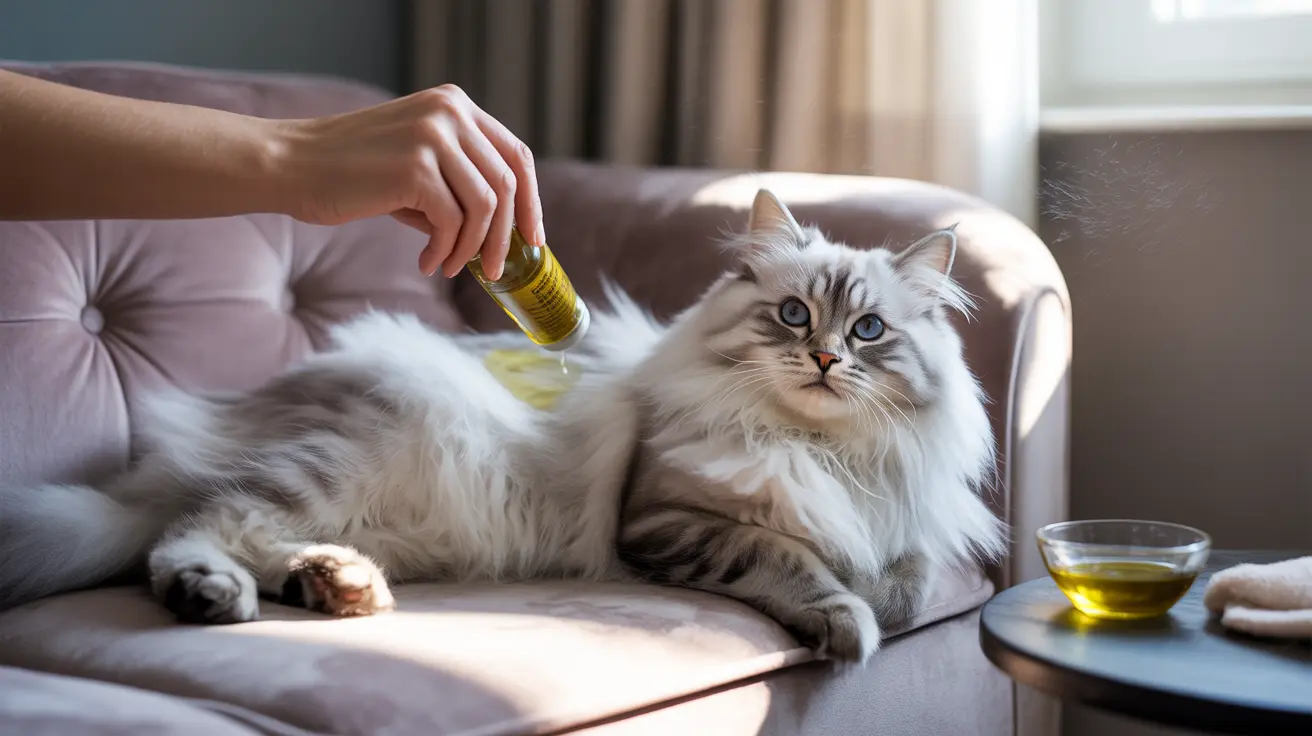 A fluffy white and gray Siberian cat resting on a soft pink couch while someone applies oil droplets to its fur.