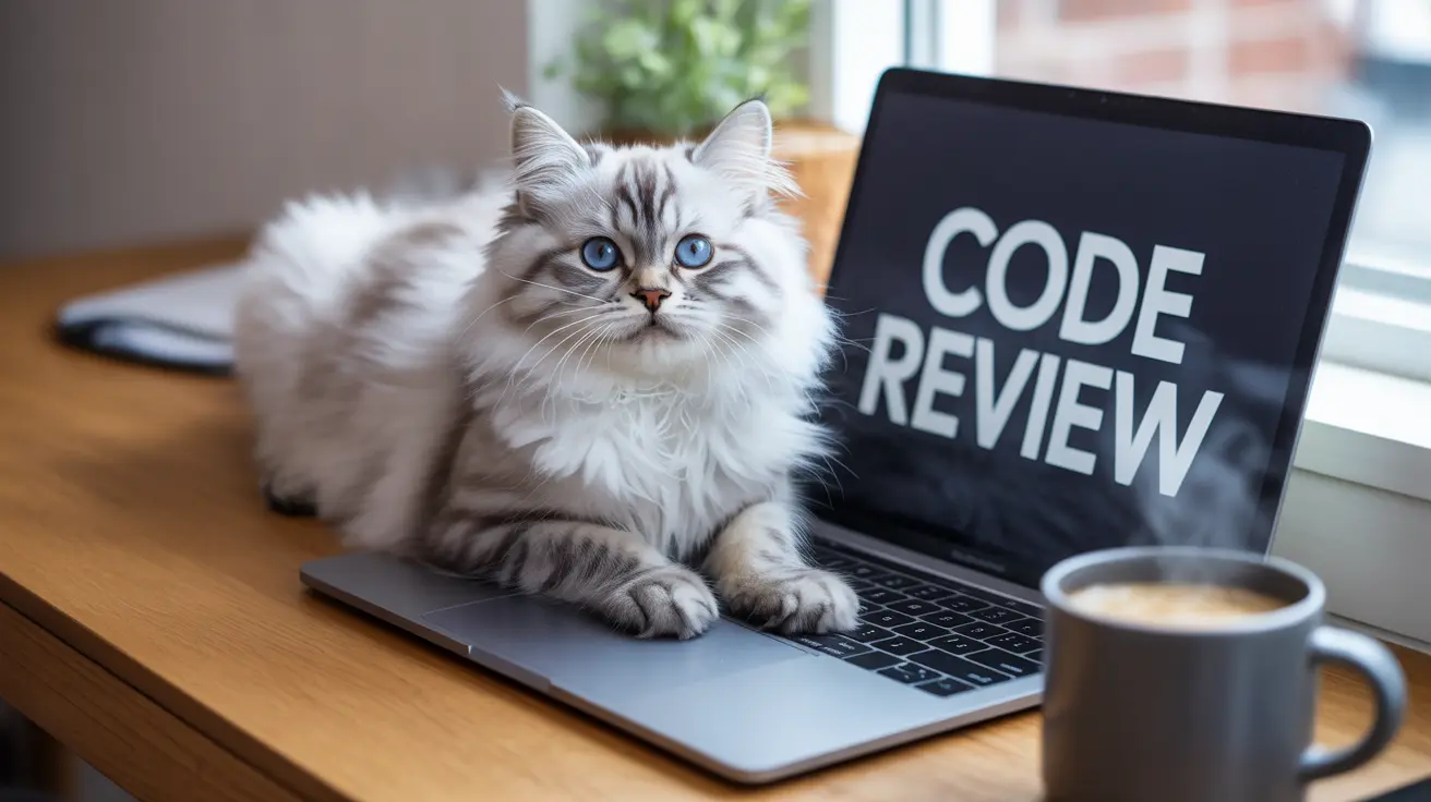 A fluffy white and gray Siberian cat sitting on a laptop with a 'Code Review' screen near a coffee mug