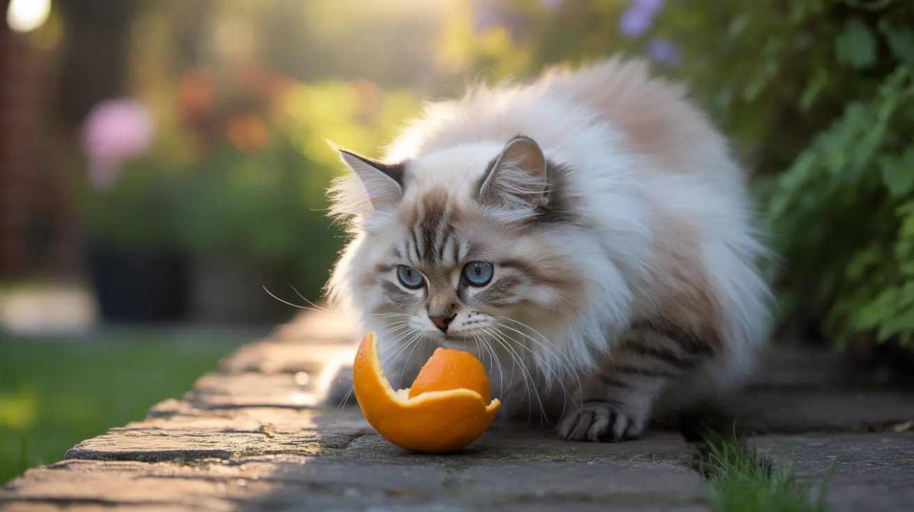 A fluffy white and gray Siberian cat sitting next to an orange peel on a stone pathway
