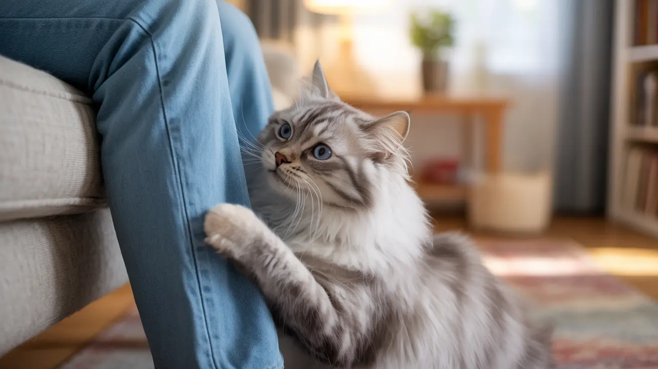 A fluffy white and gray Siberian cat reaching up and placing a paw on a blue denim-clad leg