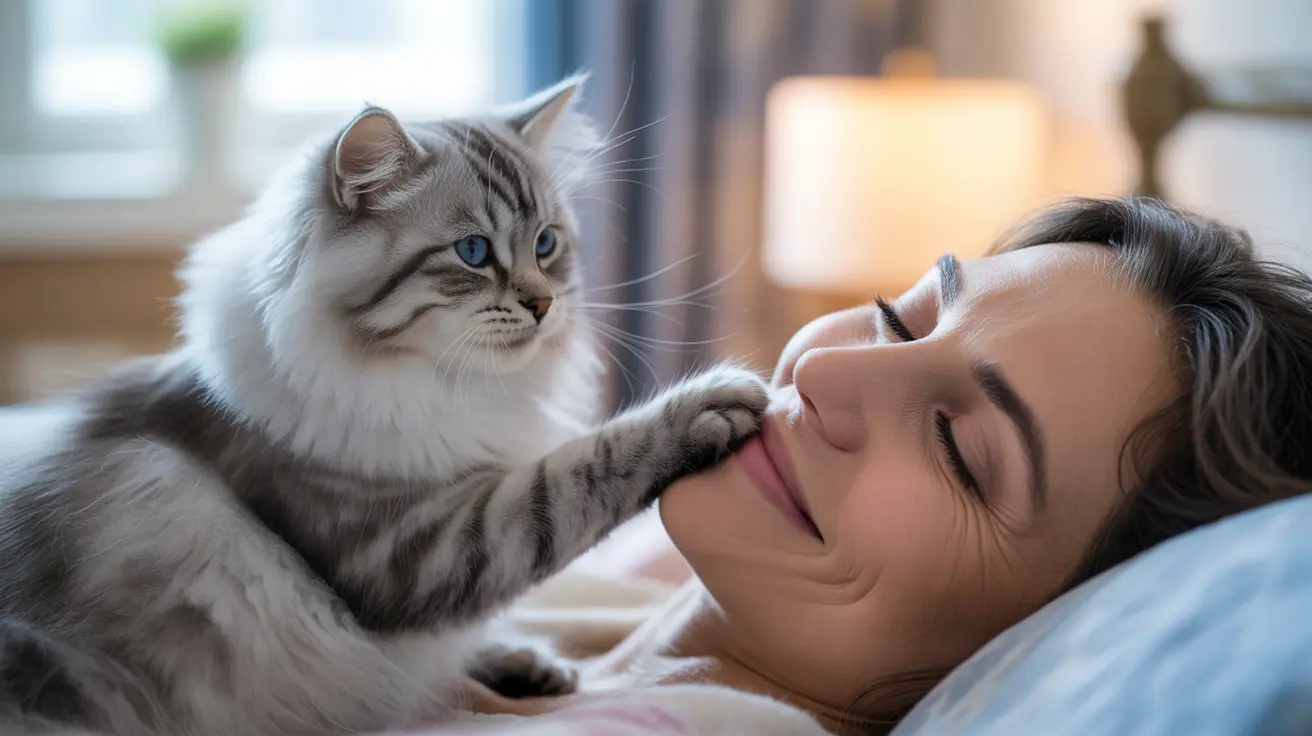 A fluffy gray and white Siberian cat gently touching the face of a sleeping person