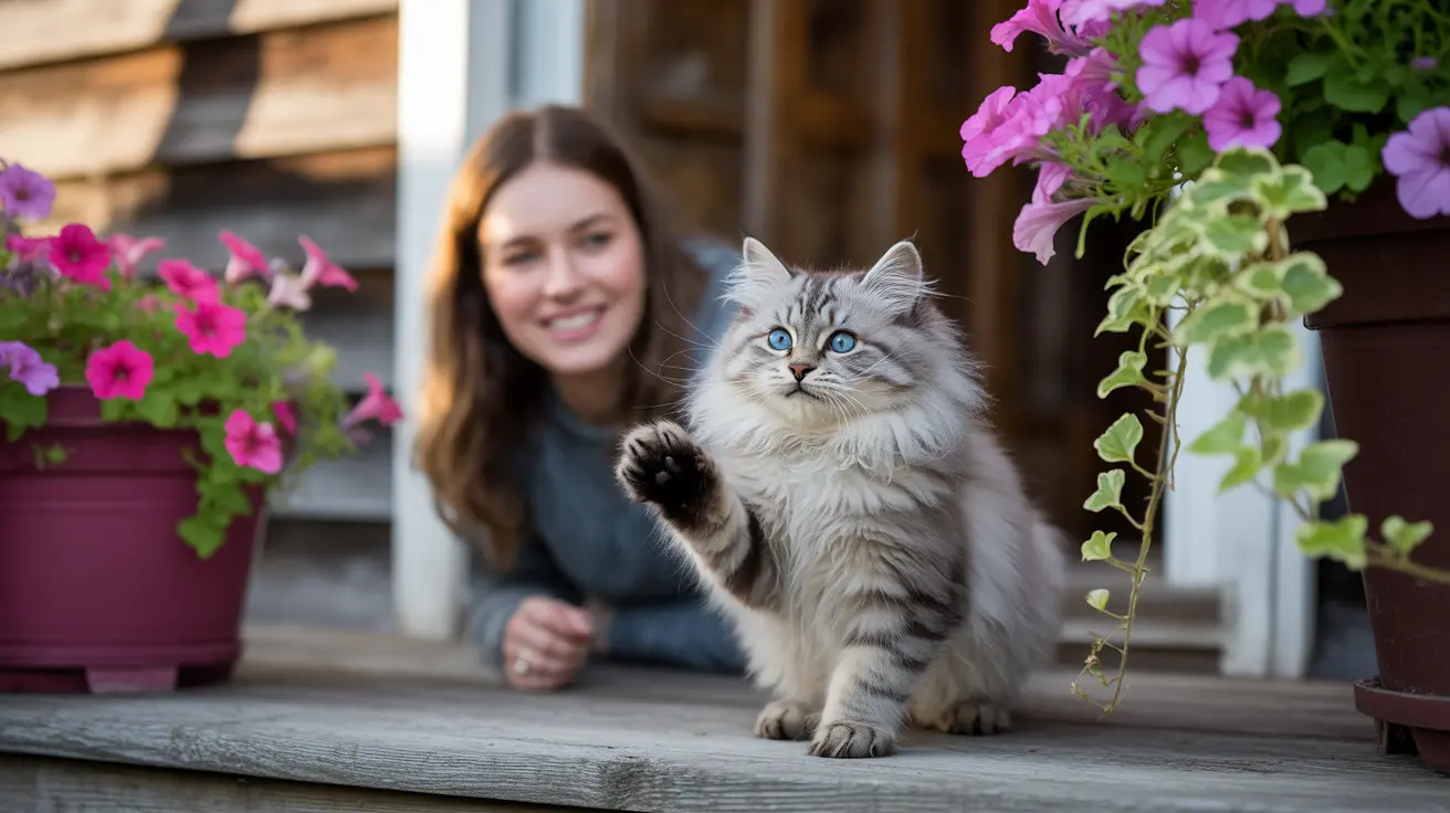 Un gato Siberiano esponjoso blanco y gris sentado sobre una superficie de madera con flores rosas de fondo, levantando una pata juguetonamente
