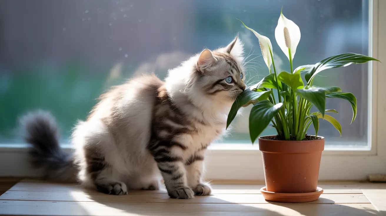A fluffy Siberian cat sits attentively near a potted peace lily plant by a window