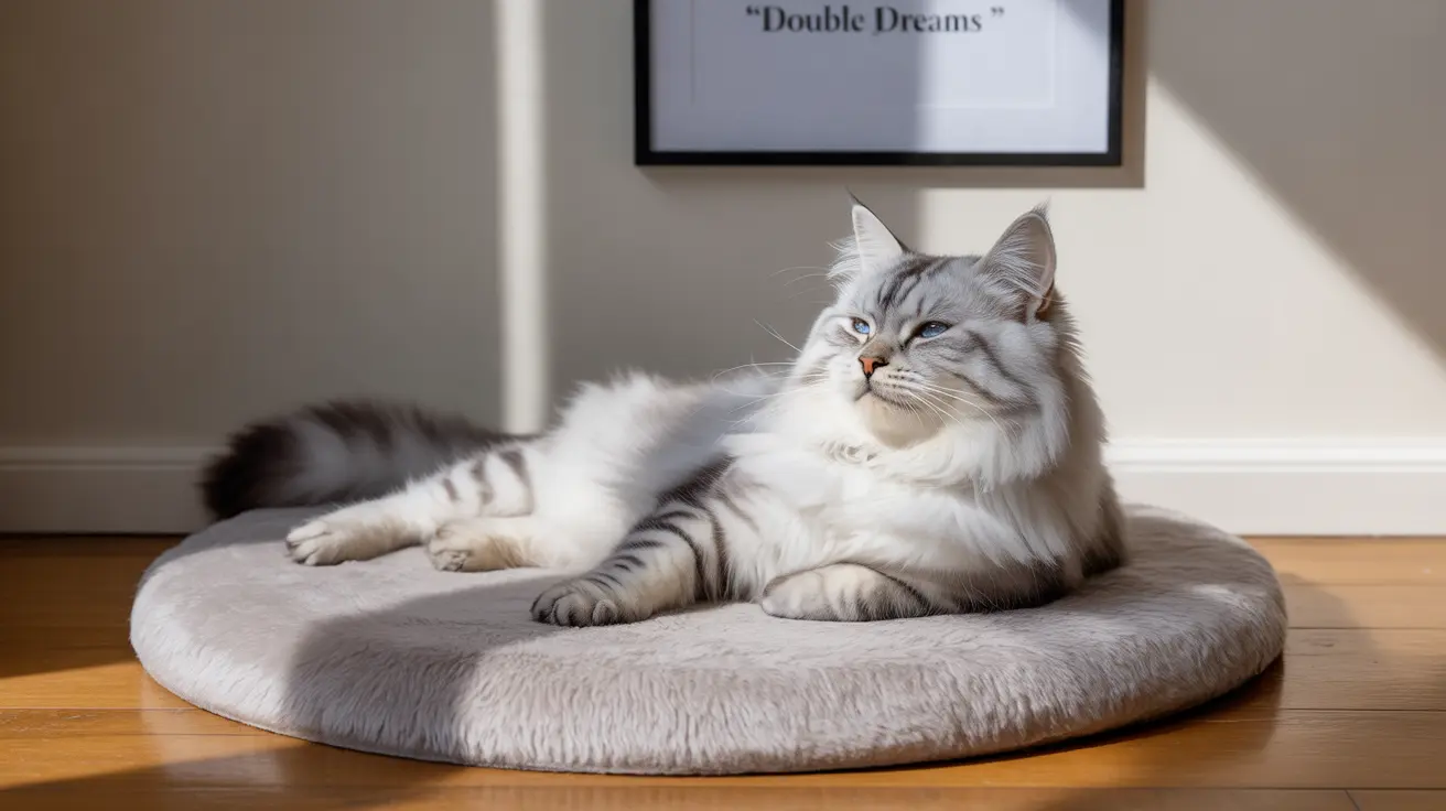 A fluffy white and gray Siberian cat lounging on a soft round pet bed near a framed artwork