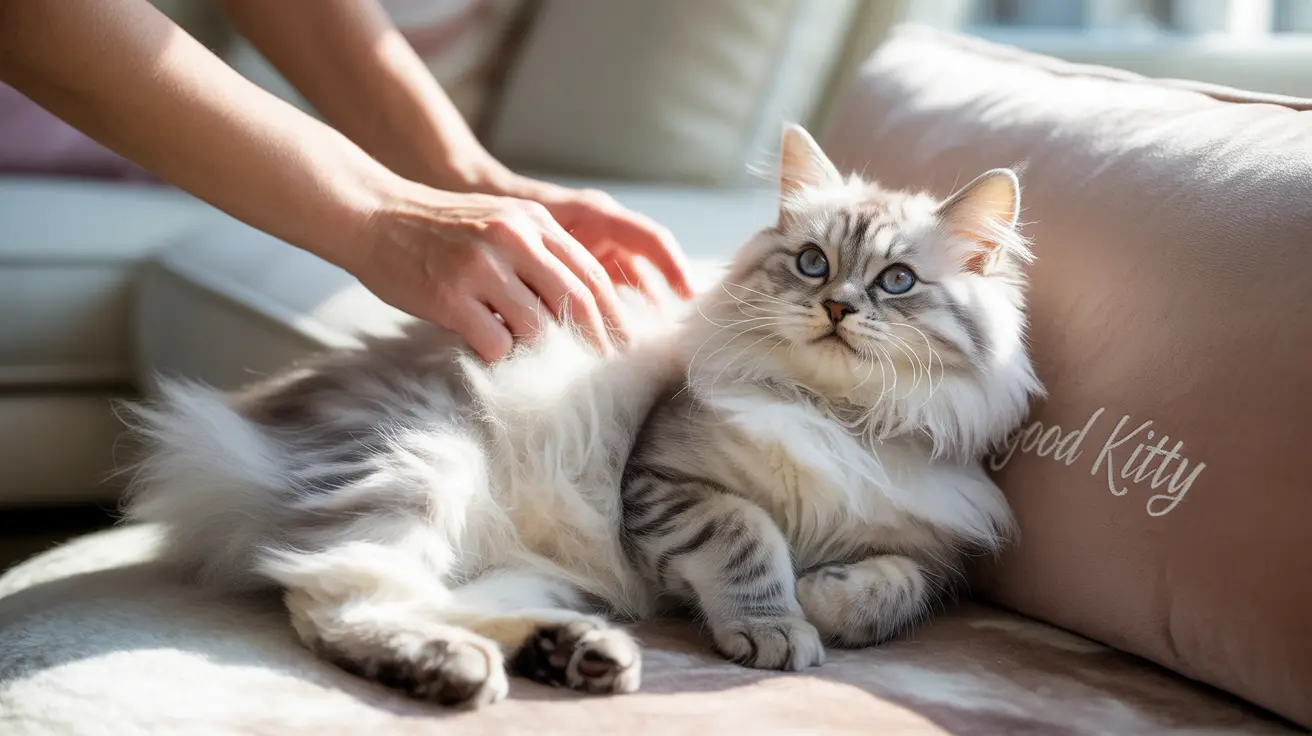 A fluffy white and gray Siberian cat receiving gentle pets from a hand on a comfortable couch.