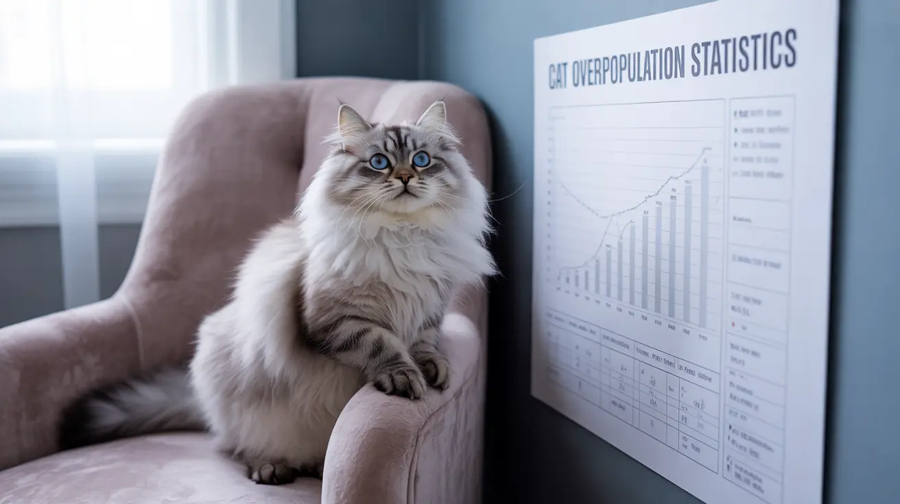 A fluffy white and gray Siberian cat sitting on a pink armchair next to a cat overpopulation statistics poster