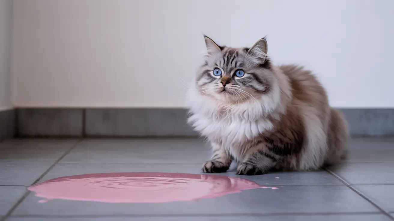 Un gato siberiano esponjoso sentado junto a un charco de líquido rosa sobre un piso de baldosas.