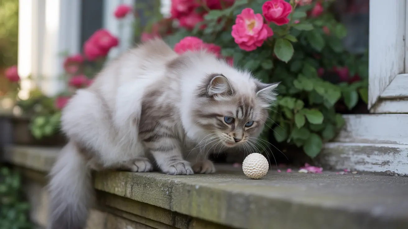 A fluffy white and gray Siberian cat sitting on a stone ledge near pink roses, curiously examining a small textured ball