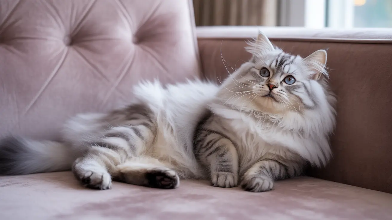 Fluffy white and gray Siberian cat lounging comfortably on a pink tufted sofa near a window