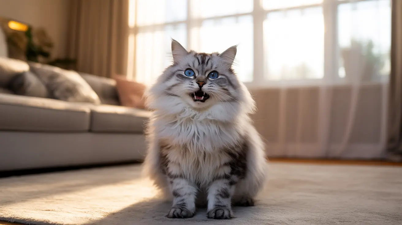 A fluffy Siberian cat with bright blue eyes showing its teeth playfully on a carpet