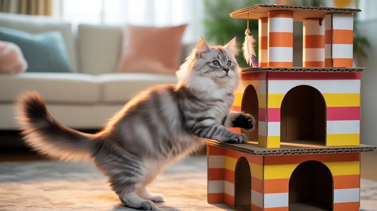 A fluffy Siberian cat playing near a colorful cardboard cat tower in a cozy living room