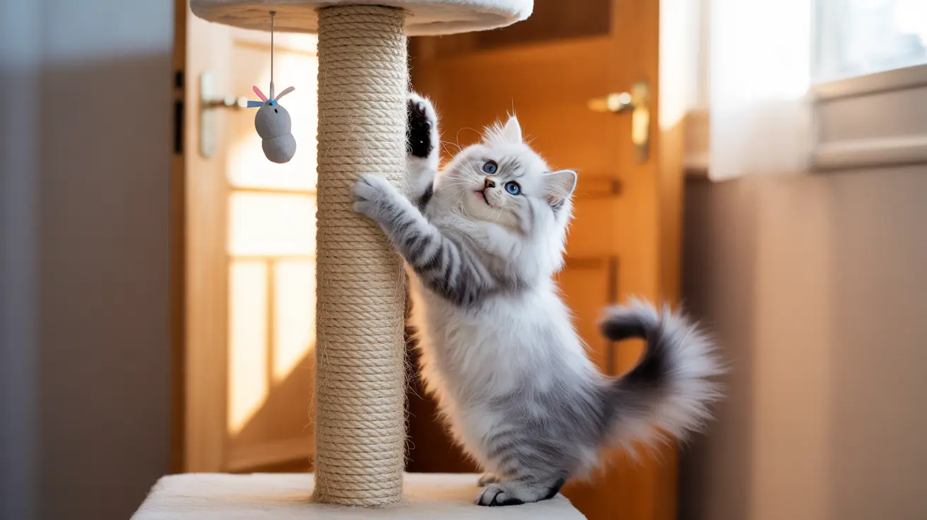 A fluffy white and gray Siberian cat playing with a hanging toy on a cat tree