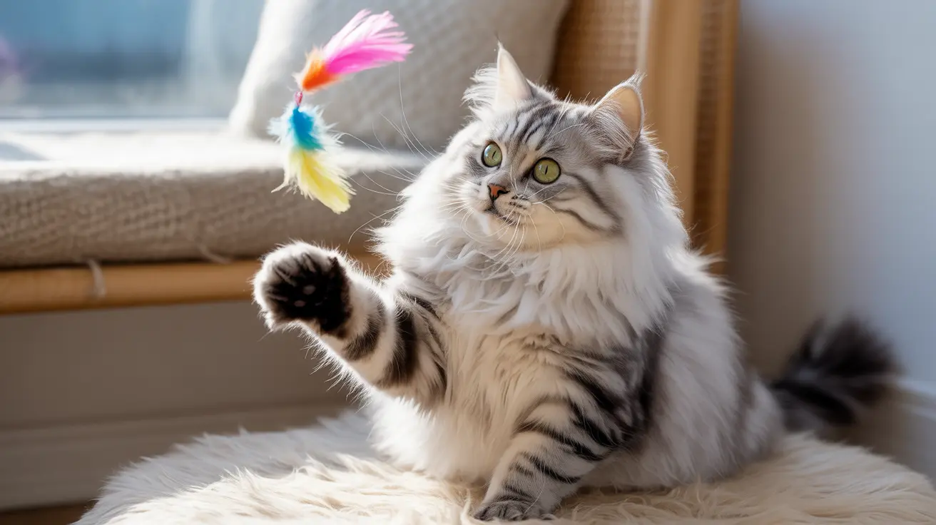 ふわふわの白とグレーのシベリアン猫が窓辺でカラフルな羽根のおもちゃで遊んでいる様子