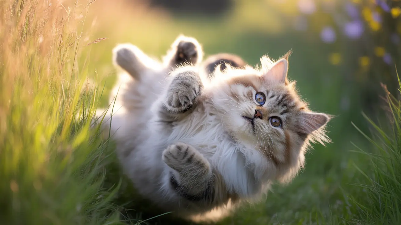 Fluffy white and gray Siberian cat lying playfully on its back in tall grass with sunlight highlighting its fur