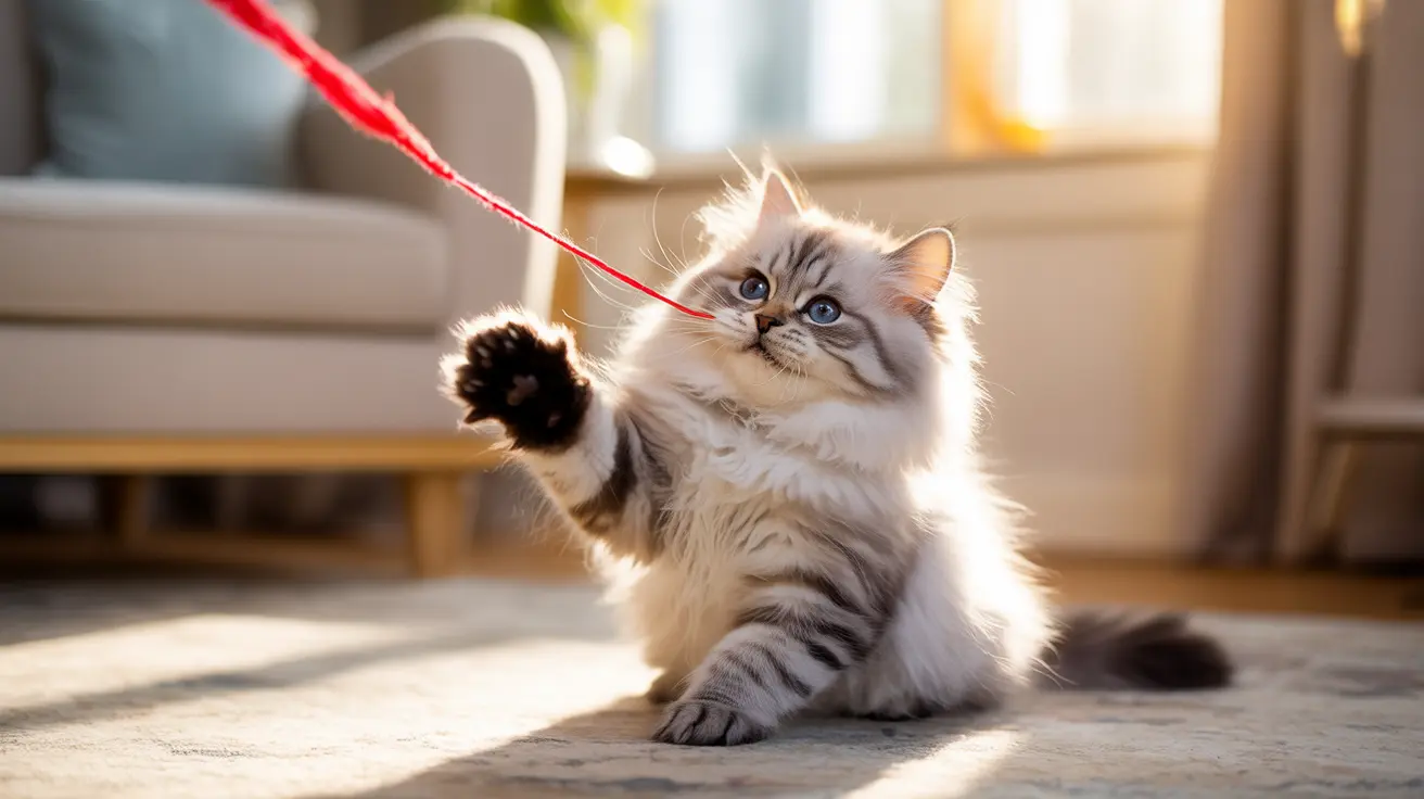 Un gato siberiano blanco y gris, esponjoso, juega con una correa roja sentado en el suelo mientras la luz del sol entra suavemente.