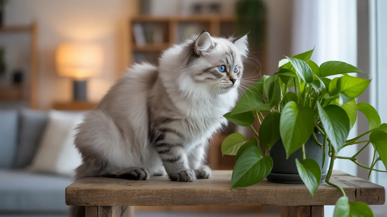 A fluffy white and gray Siberian cat sitting on a wooden table next to a green houseplant