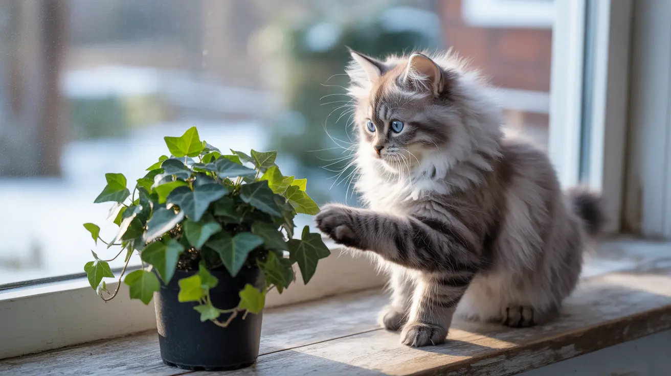 A fluffy Siberian cat sitting near a potted ivy plant on a windowsill, looking curious and alert.