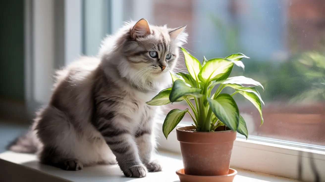 A fluffy Siberian cat sitting near a potted plant by a window