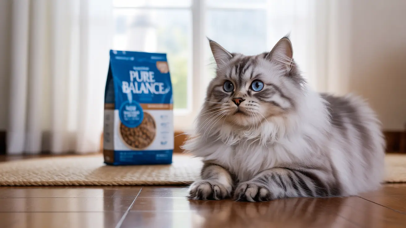 A fluffy Siberian cat sitting next to a bag of Pure Balance cat food