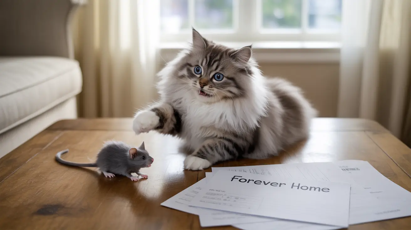 Un gato siberiano esponjoso sentado sobre una mesa de madera junto a una pequeña rata gris, con un documento titulado 'Hogar para Siempre' cerca de ellos.