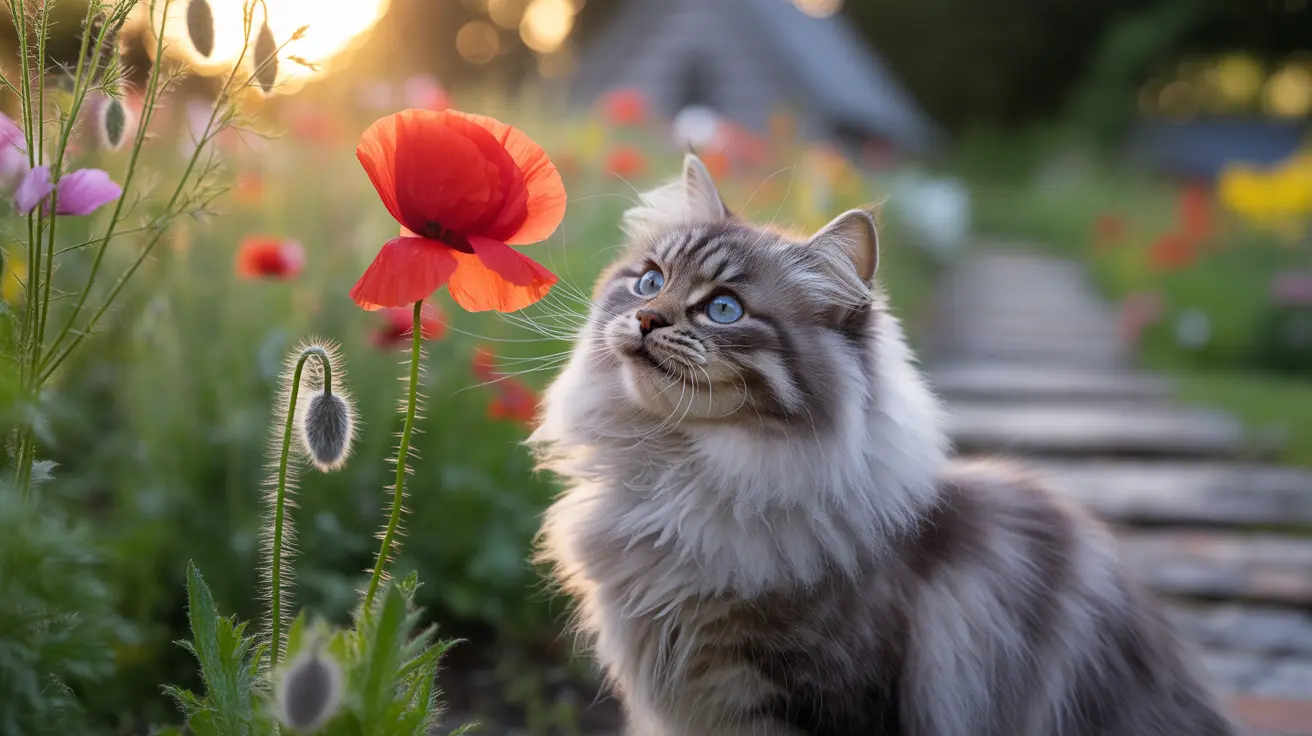 A fluffy Siberian cat sitting near a vibrant red poppy flower in a sunlit garden