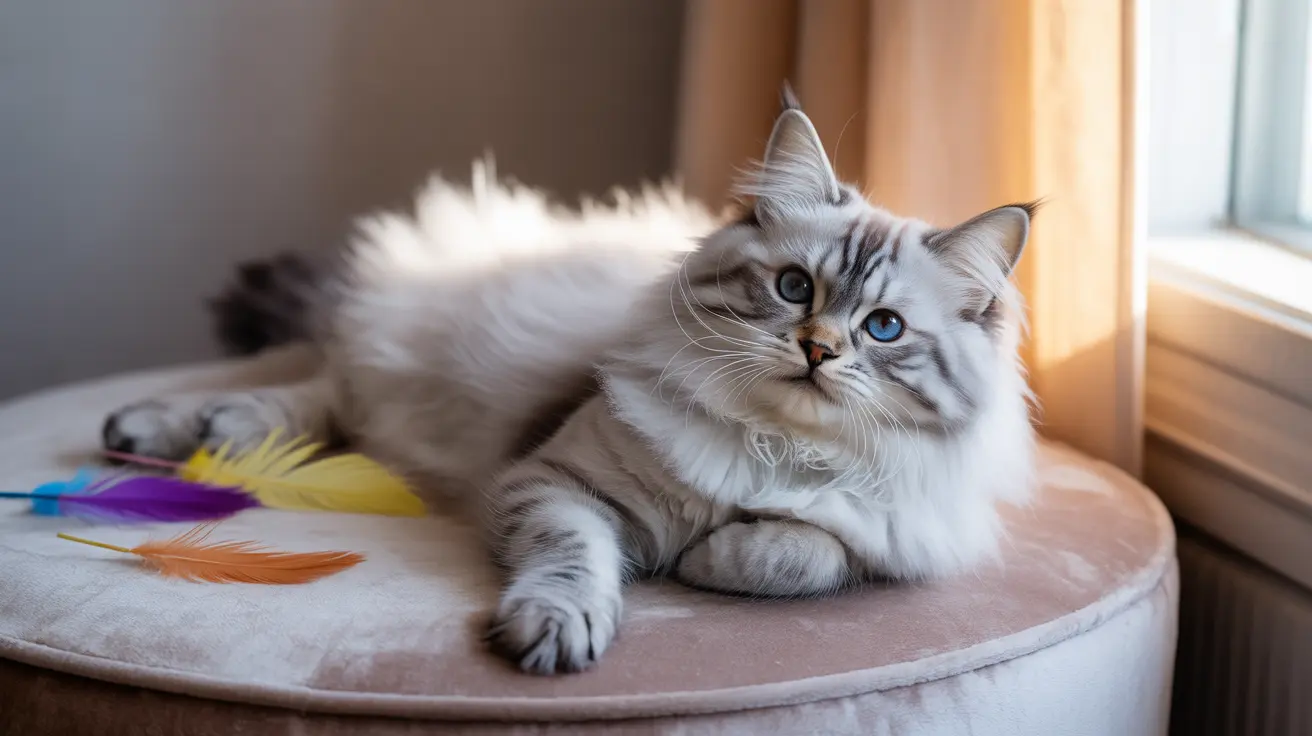 A fluffy white and gray Siberian cat with striking blue eyes relaxing near a window