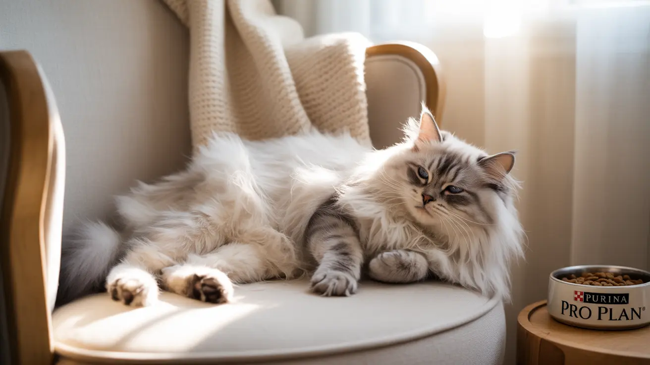 A fluffy white and gray Siberian cat resting on a chair near a Purina Pro Plan food bowl