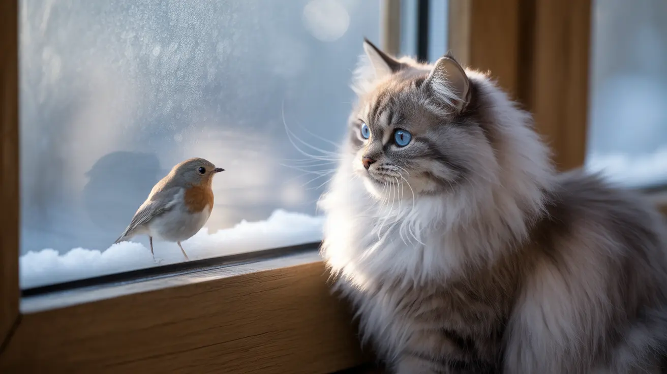 A fluffy Siberian cat sitting next to a small robin bird on a frosty windowsill