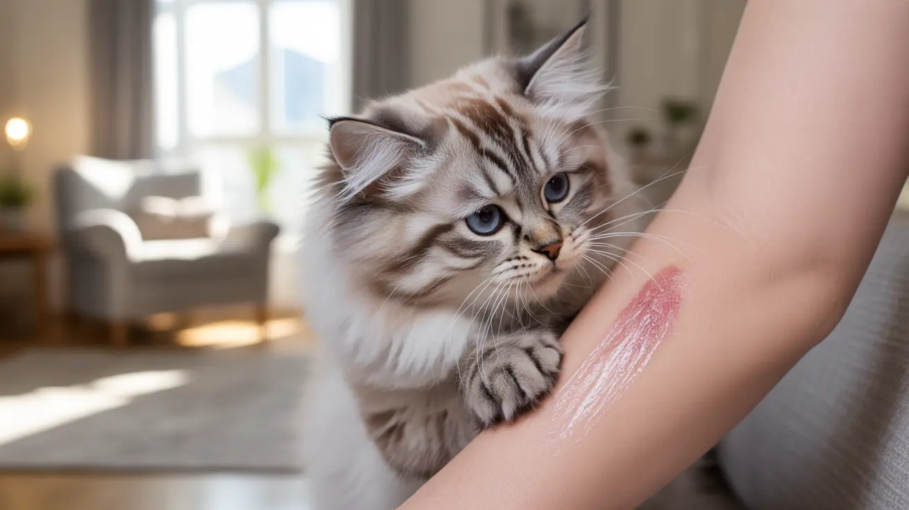 A fluffy Siberian cat with blue eyes held close to a person's arm showing visible scratch marks