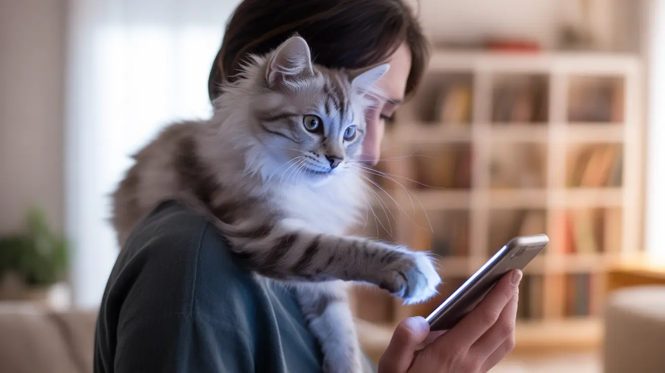 A fluffy Siberian cat sitting on someone's shoulder while they look at a mobile phone
