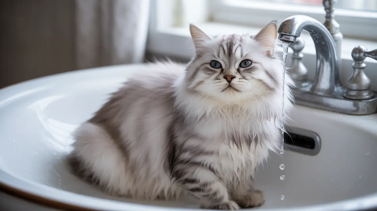 A fluffy white and gray Siberian cat sitting in a white sink with a running faucet