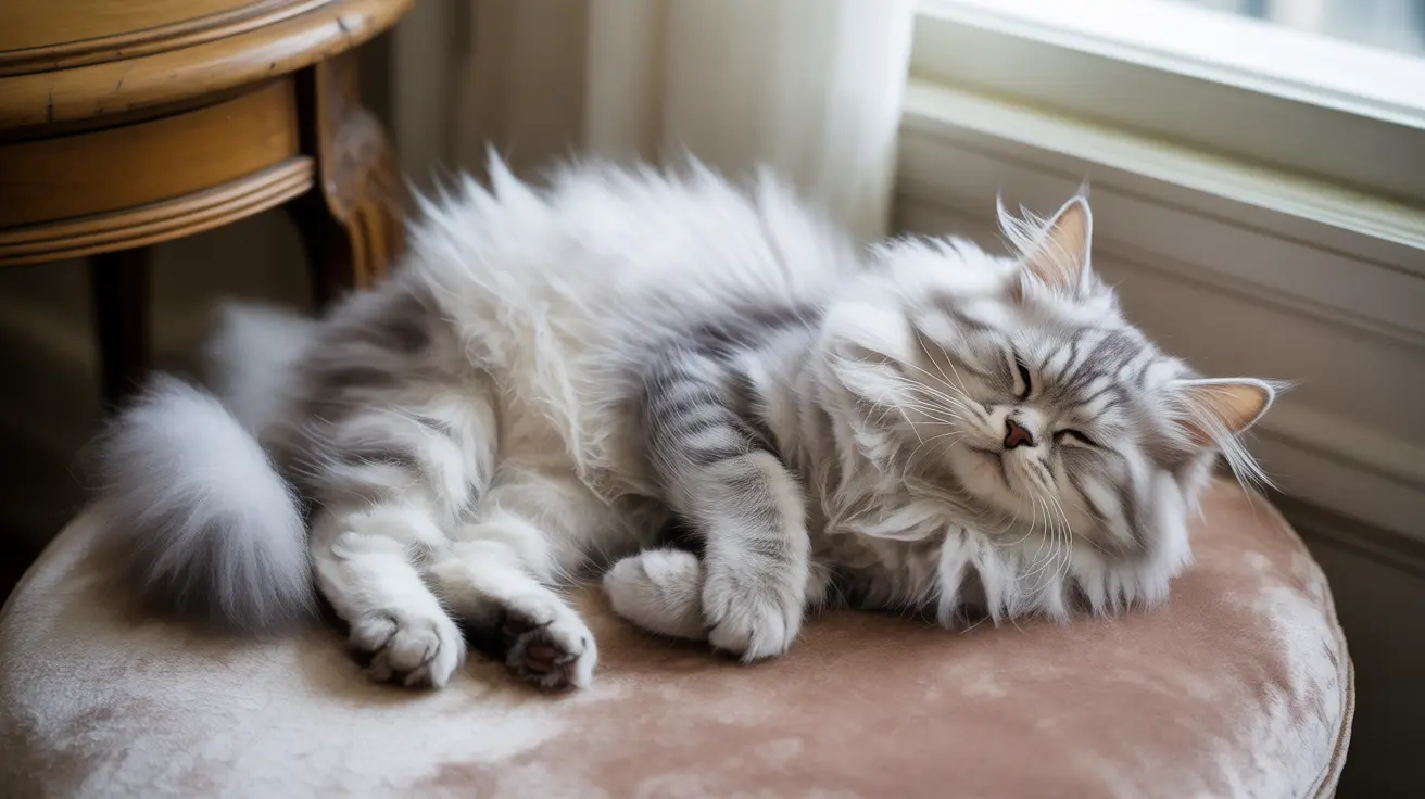 A fluffy white and gray Siberian cat peacefully sleeping on a soft pink cushion near a window.