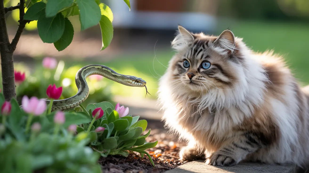 A fluffy Siberian cat sitting near a snake and tulip flowers in a garden setting