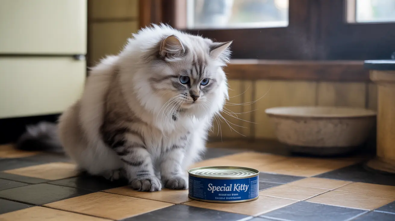 A fluffy white and gray Siberian cat sitting near a can of cat food on a tiled kitchen floor
